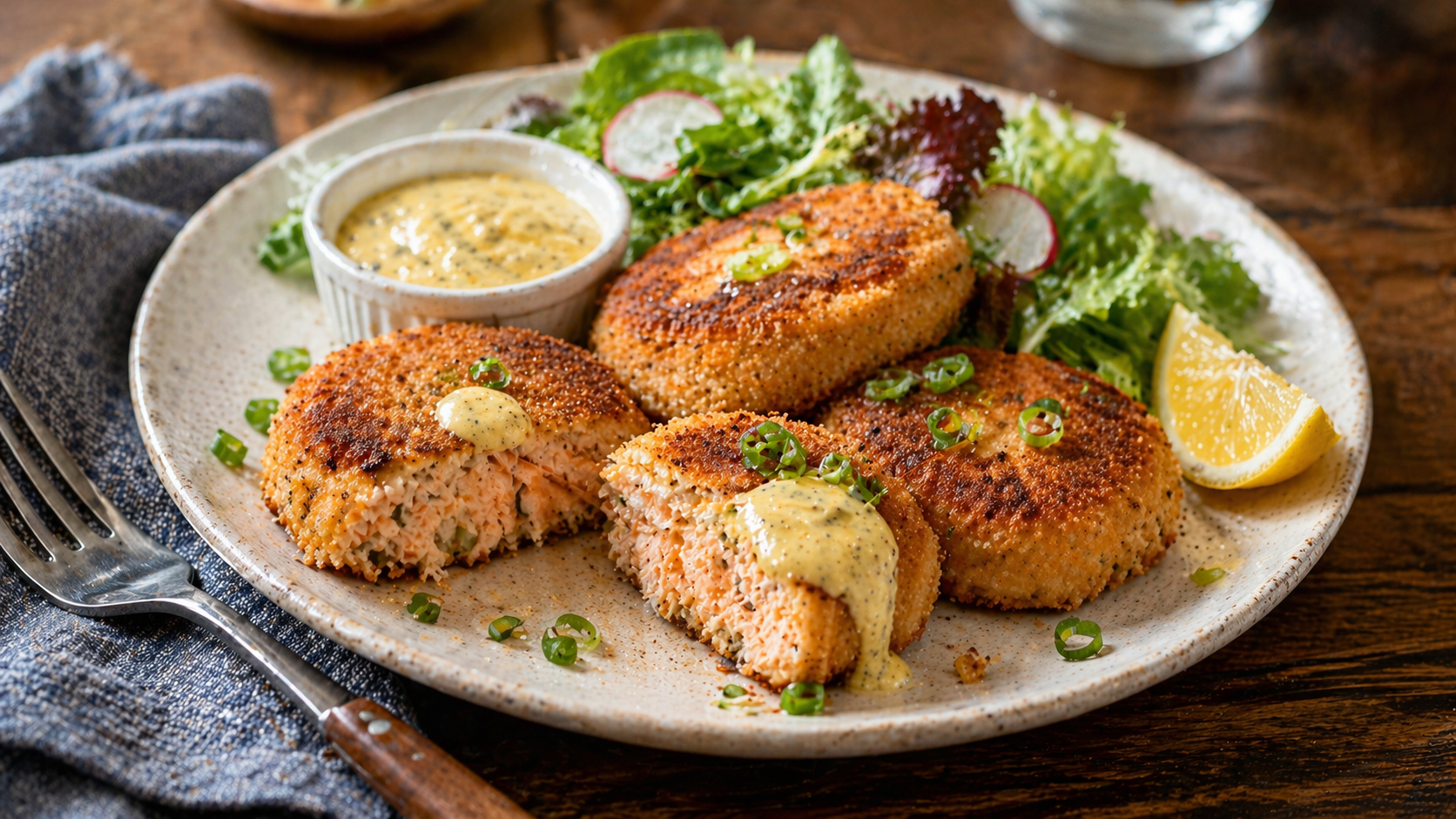 Croquettes dorées de saumon sauce citron moutarde