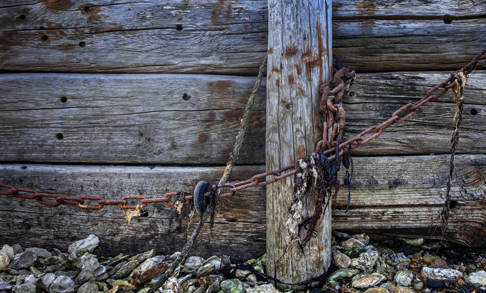 Nautical Scene, Coast Road, West Mersea. Photograph by Chrissie Westgate, of weathered wooden panels, with rusting chains and oyster shells on the ground.