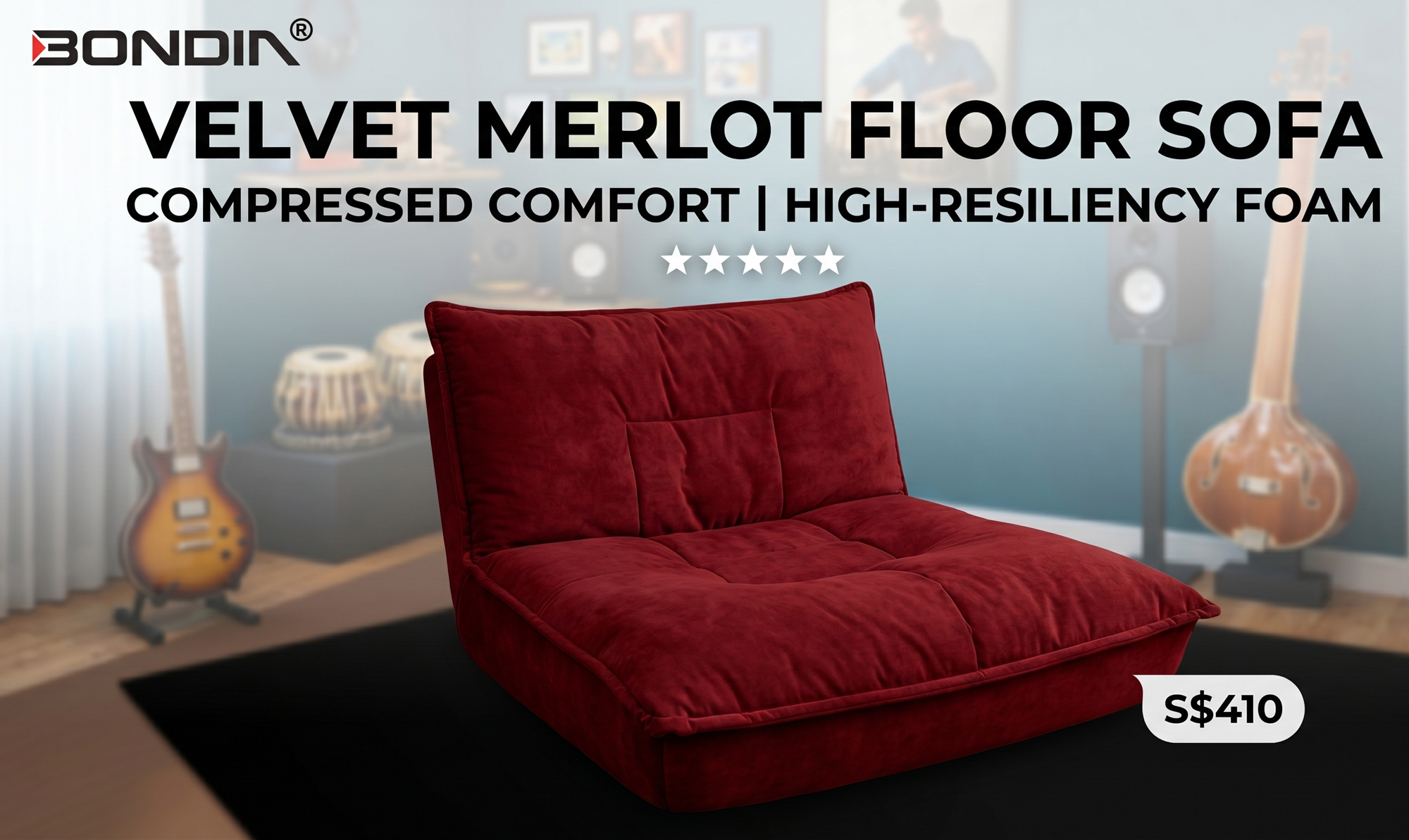 Bondia Furniture Singapore | Velvet Merlot Compressed Floor Sofa (SKU 12030)