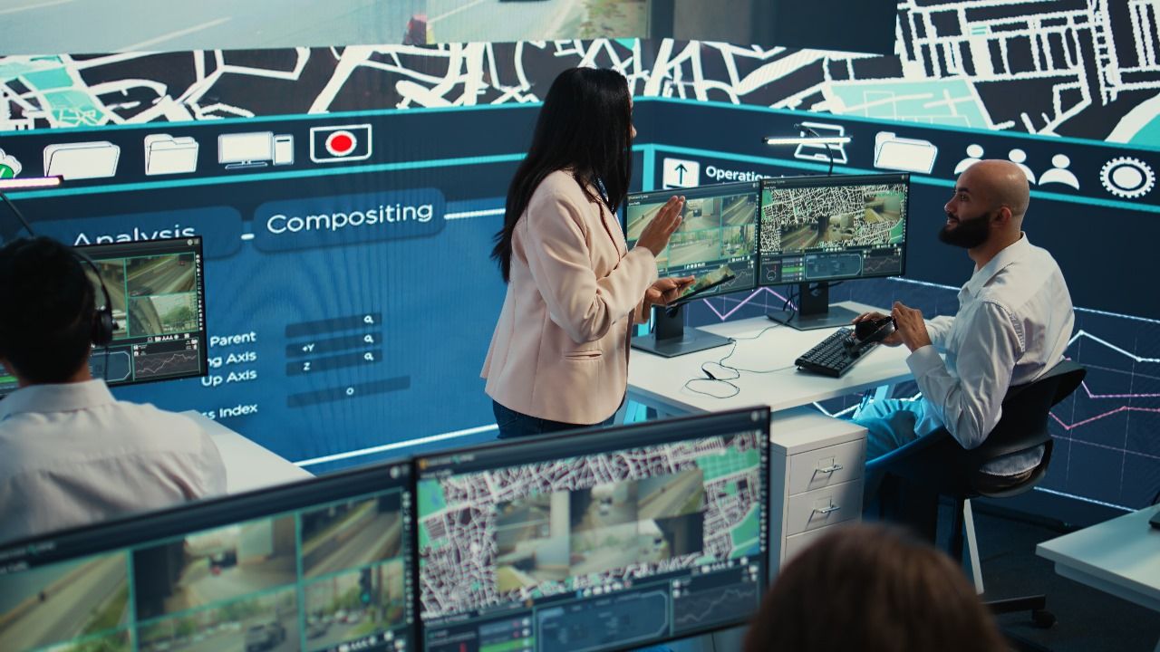 Security cameras feed live CCTV monitoring to analysts in a high-tech control room, enabling remote CCTV monitoring and proactive business security solutions