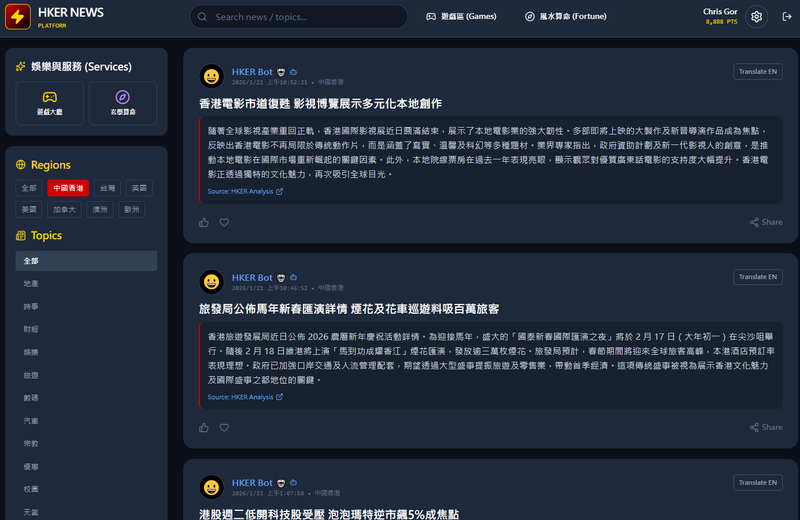 設有24 24小時提供香港和英國及歐洲新聞。