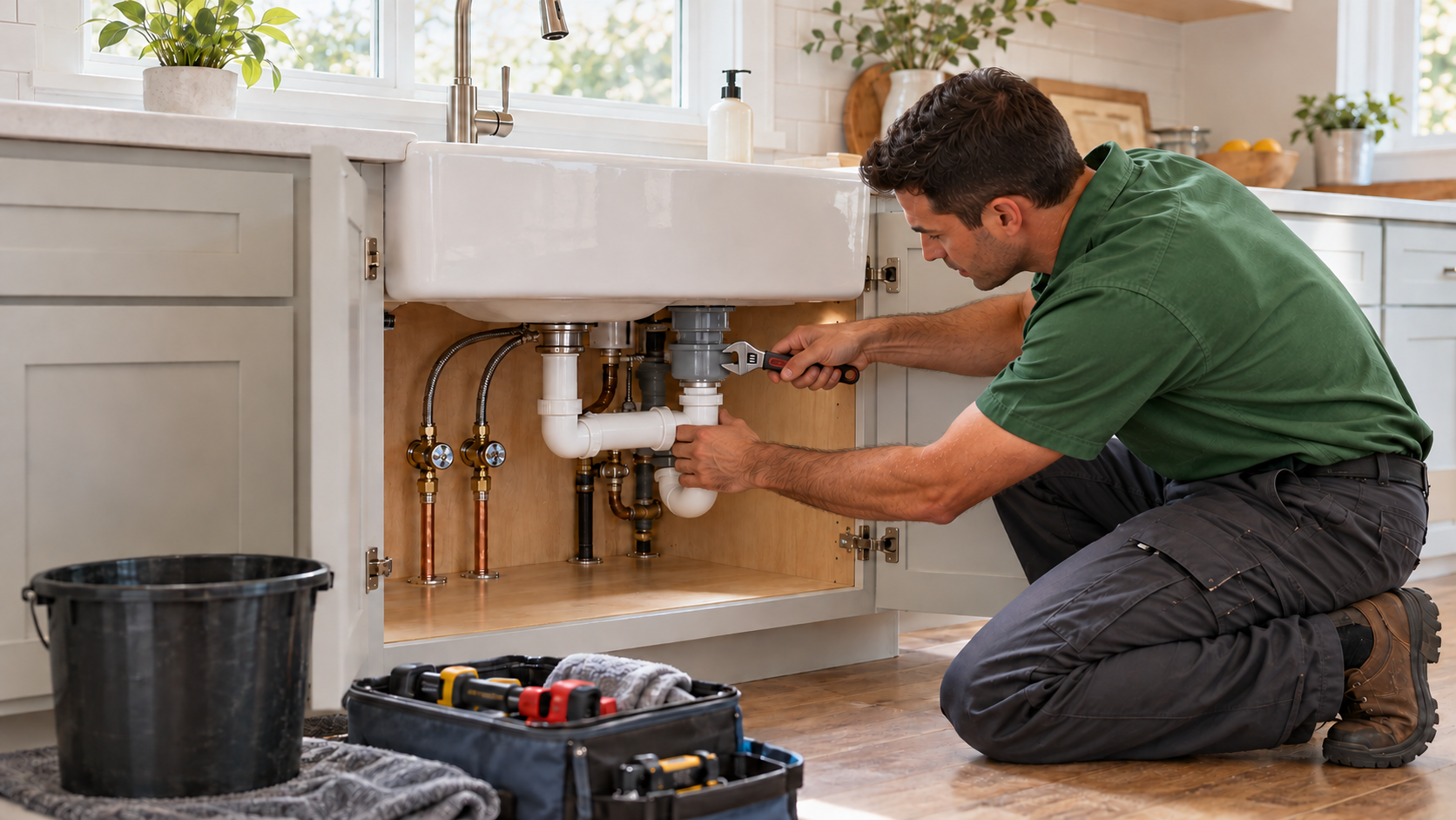 Homeowner in a green shirt inspecting and maintaining kitchen sink plumbing pipes with a wrench to prevent leaks and expensive home repairs.