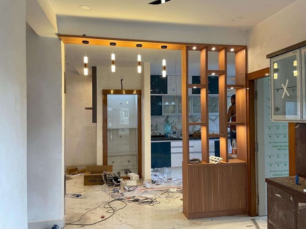 wooden partition with display shelves