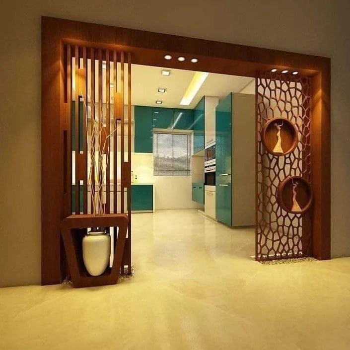 wooden partition with display shelves