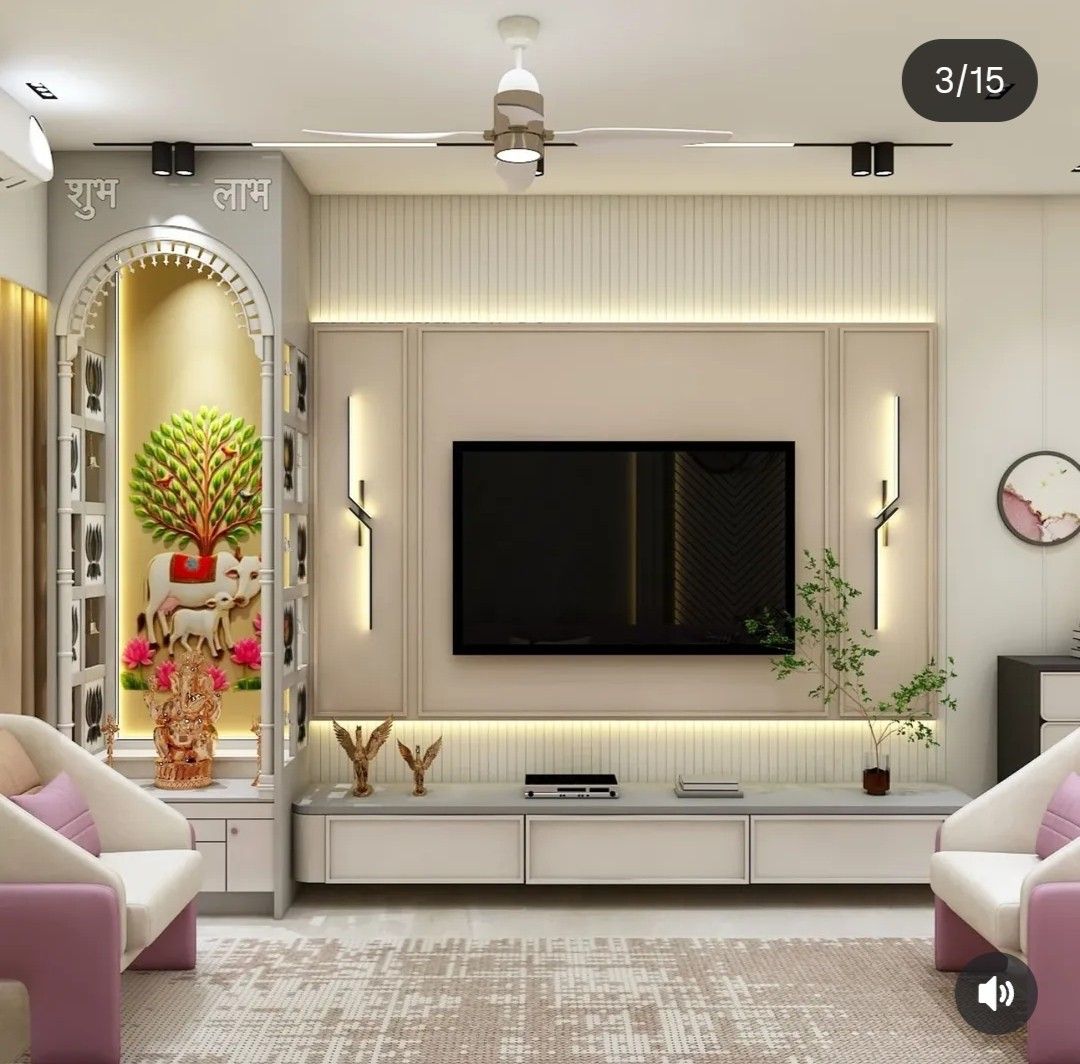 Modern TV Unit & Elegant Pooja Mandir Design for Living Room