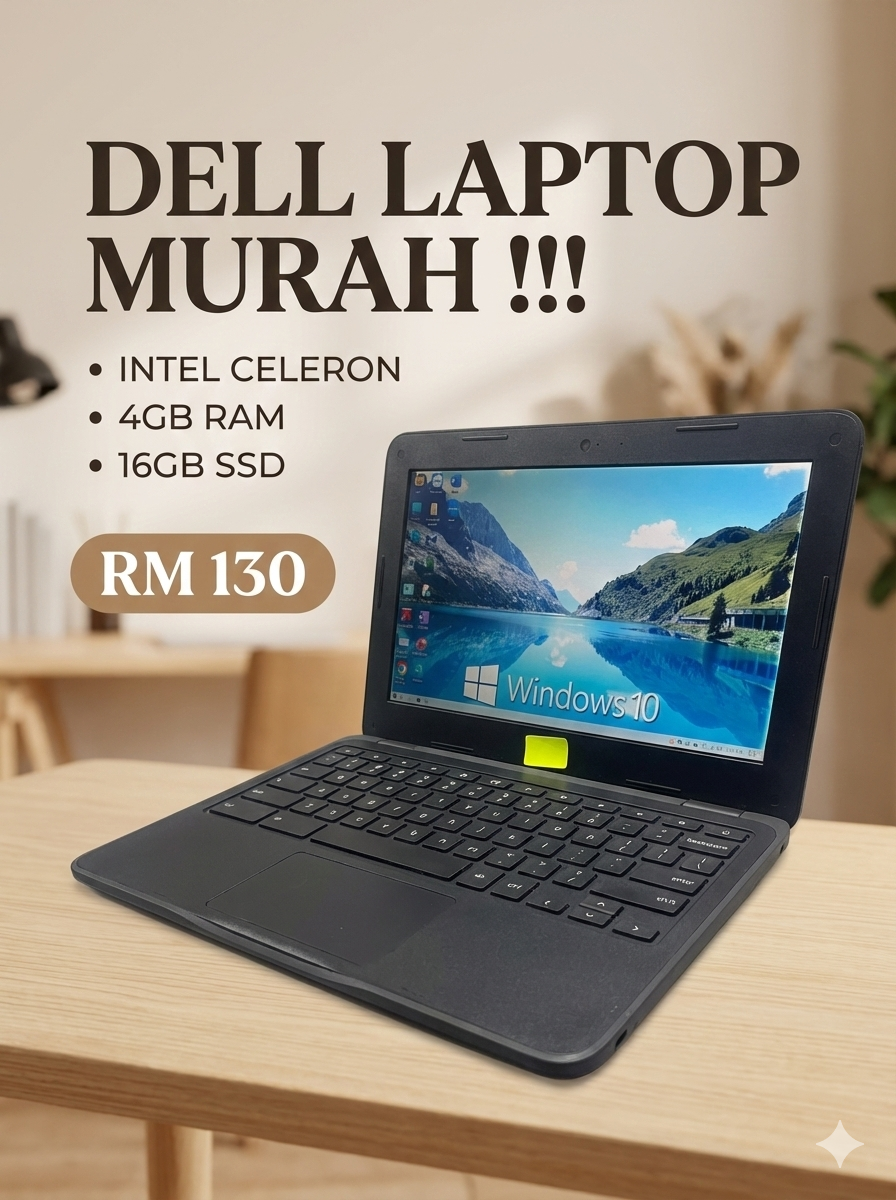 laptop DELL INTEL CELRON  4gb RAM  16GB SSD MURAH !!! RM 130