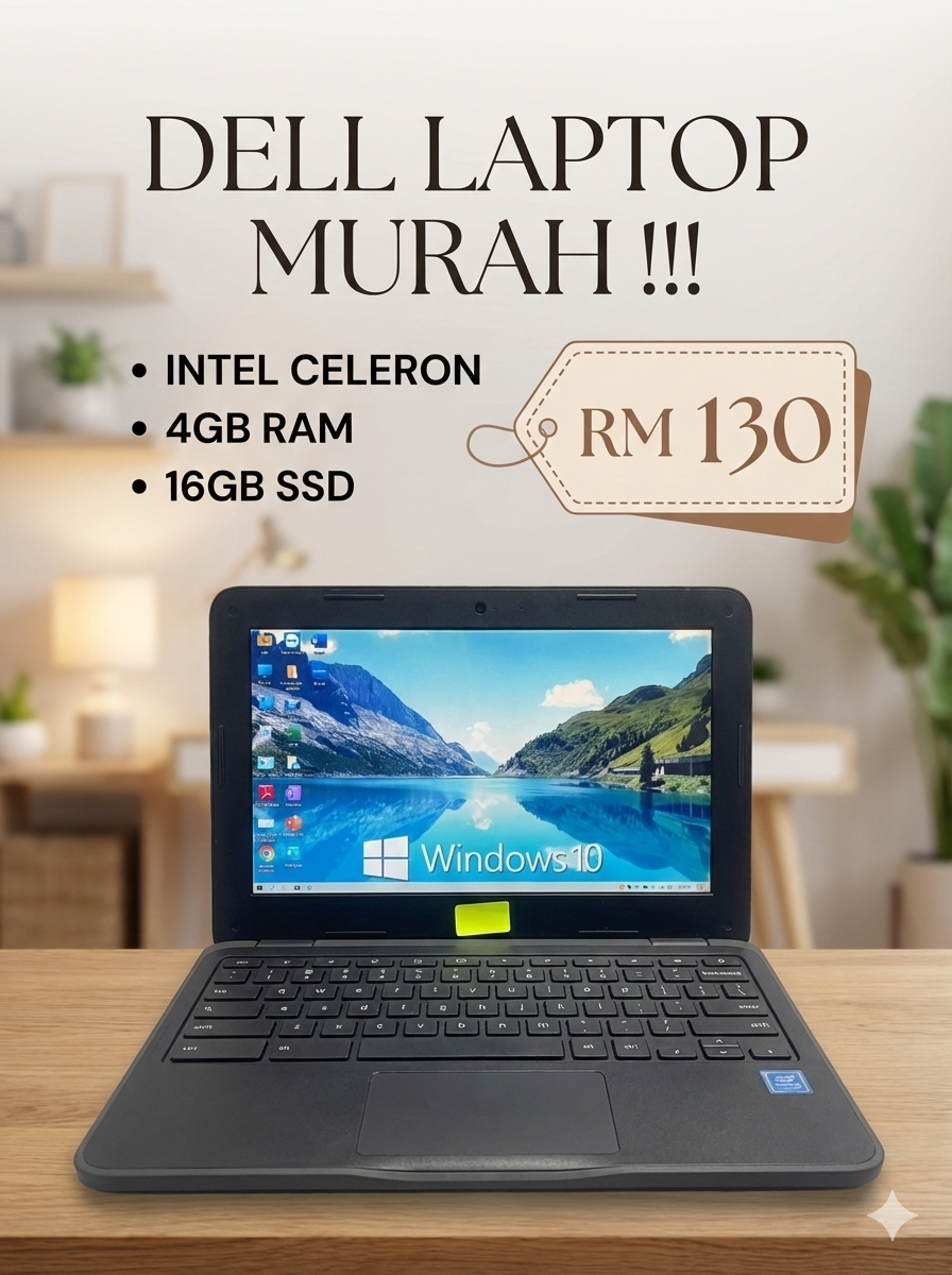 laptop DELL INTEL CELRON  4gb RAM  16GB SSD MURAH !!! RM 130