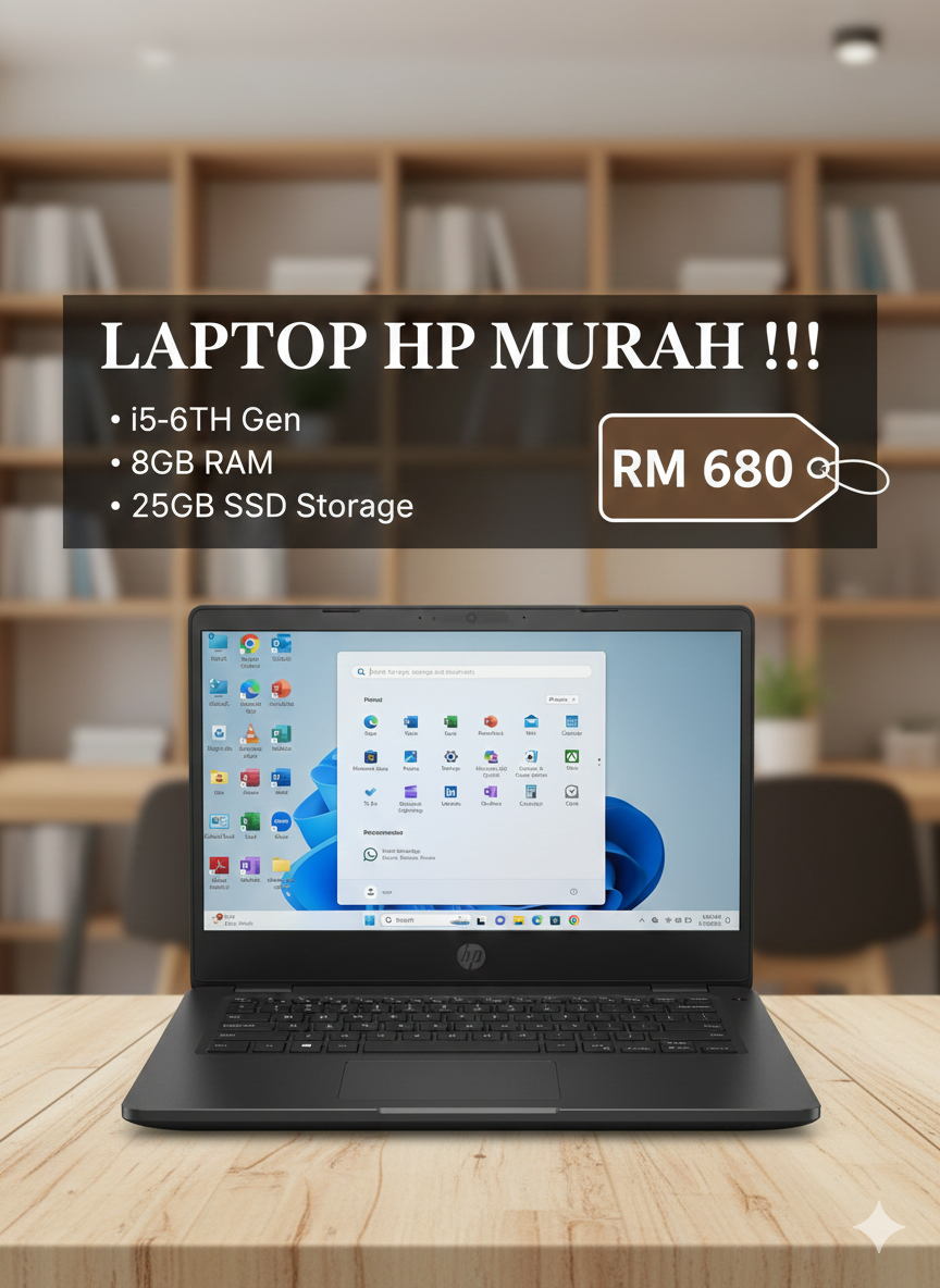 laptop hp i5-6TH gen 8gb RAM  256ssd MURAH !!! RM 680