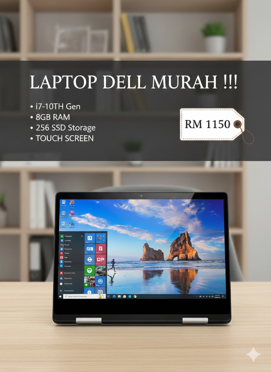 laptop DELL I7-10TH gen 8gb RAM  256 ssd MURAH !!! RM 1150   TOUCH SCREEN 360 FLIP