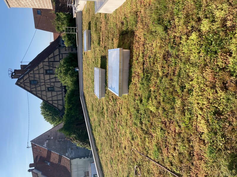 Charpente et ossature en bois - Couverture et bardage en zinc à joint debout - Bardage bois - Étanchéité avec protection lourde par cassettes végétalisées