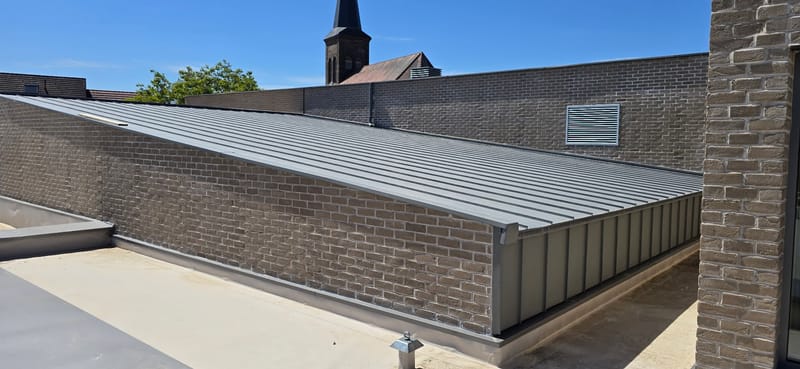 Charpente et ossature en bois - Couverture et bardage en zinc à joint debout - Bardage bois - Étanchéité avec protection lourde par cassettes végétalisées