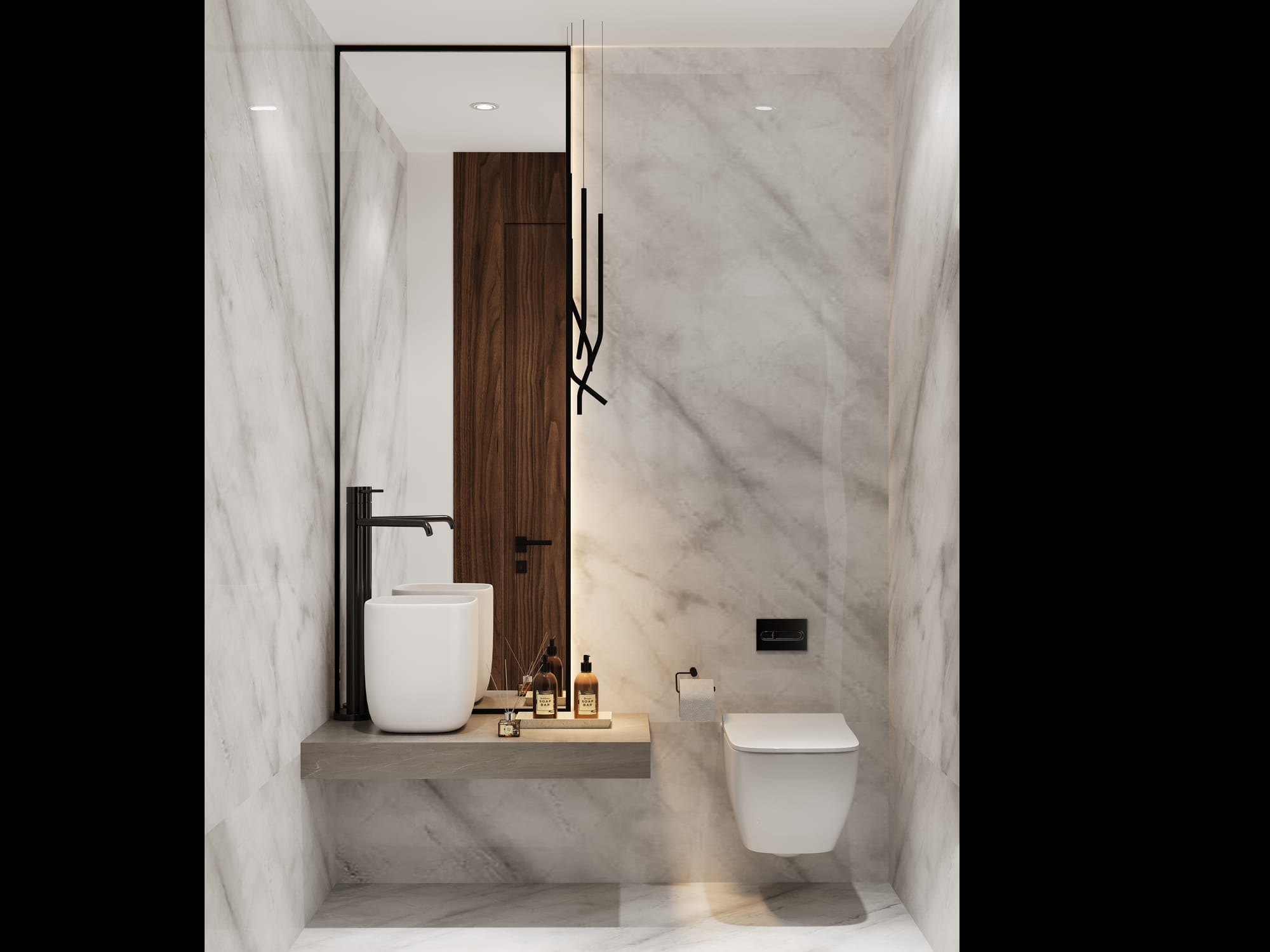 حمّام مودرن بتشطيب رخام فاخر وإضاءة مخفية – الجارحي للتطوير العقاري