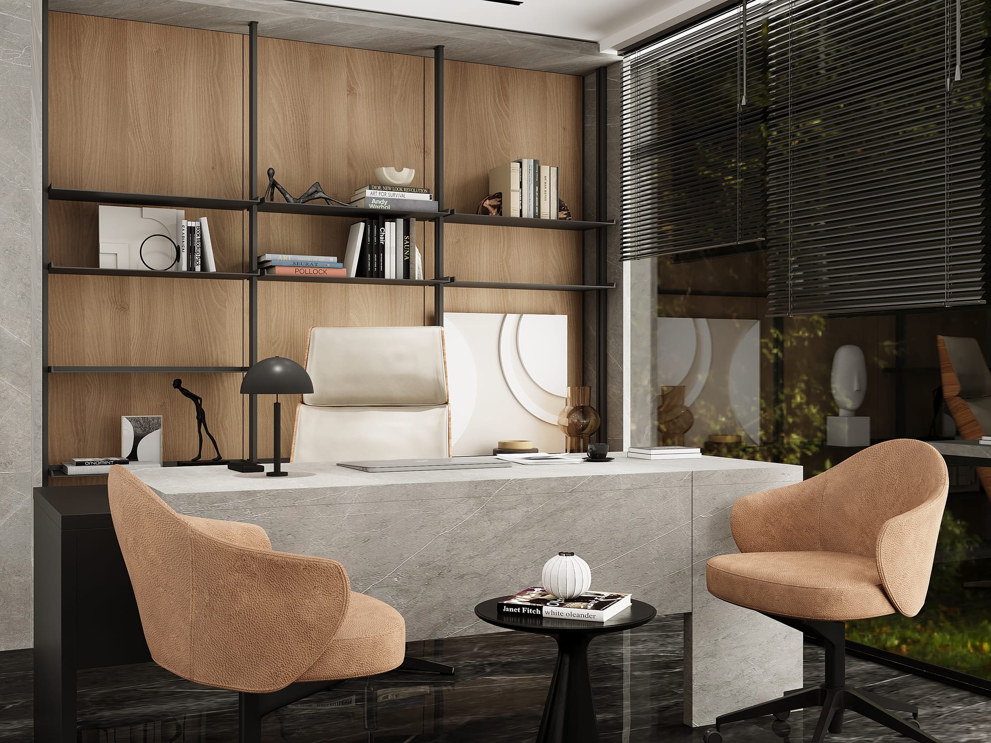 مكتب مدير مودرن بتشطيب خشب ورخام فاخر – الجارحي للتطوير العقاري