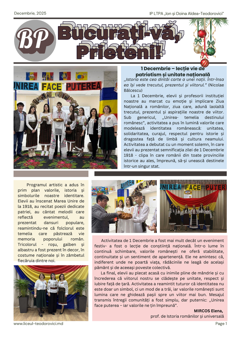 „BUCURAȚI-VĂ, PRIETENI!” - ziarul IP LTPA „Ion și Doina Aldea-Teodorovici”