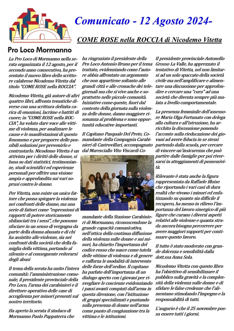 COMUNICATO STAMPA 12 AGOSTO 2024