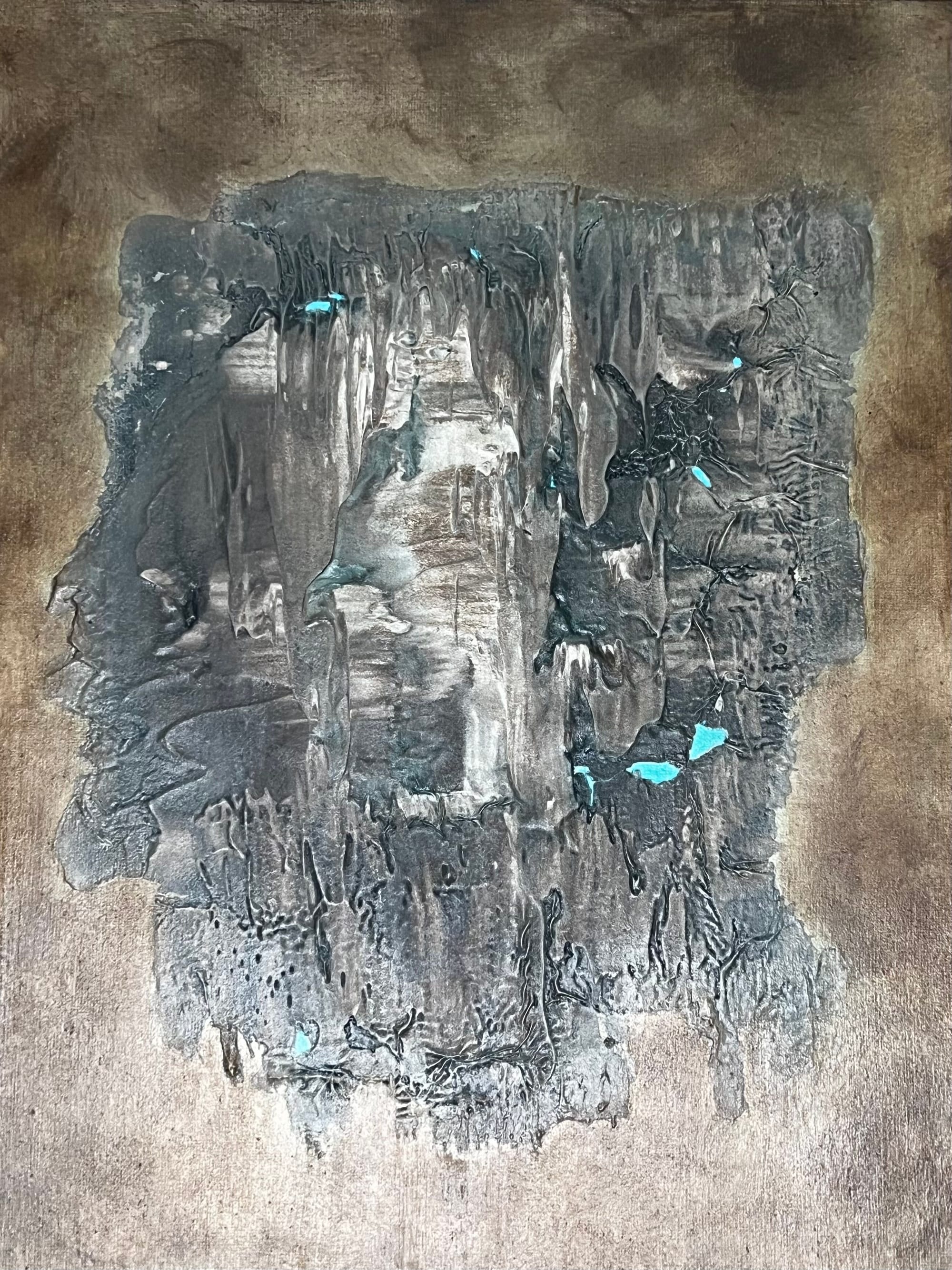 Gråbrunt med turkis 30x40 - pris 600,-