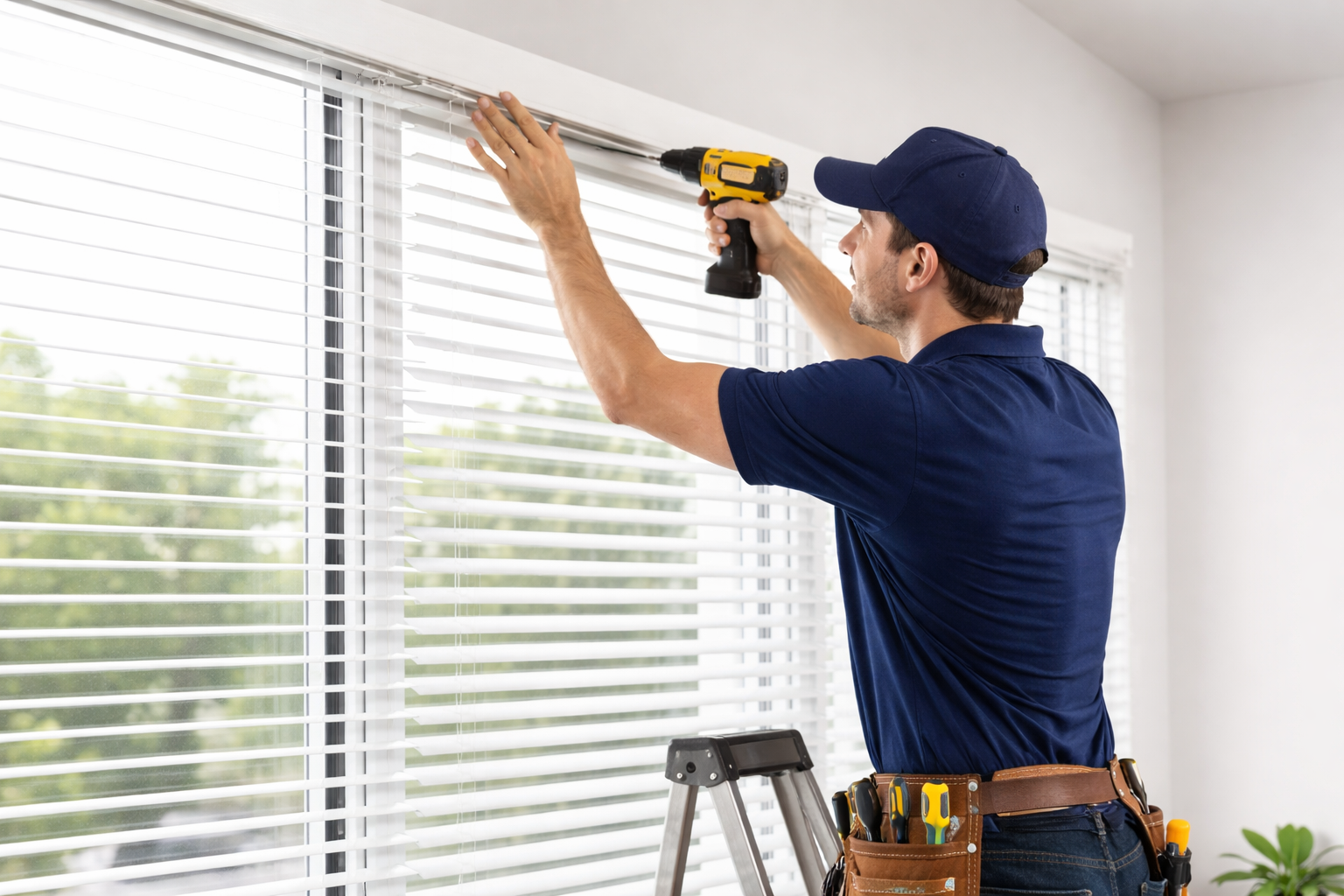 Professional installation of horizontal blinds on a standard window frame in a Grand Rapids home.