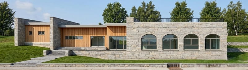 Façade en bardage bois et pierre de taille