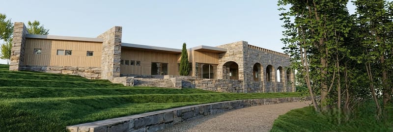 Façade en bardage bois et pierre de taille