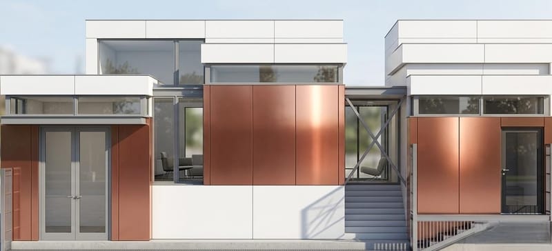 Façade en cuivre et stratifié laqué blanc