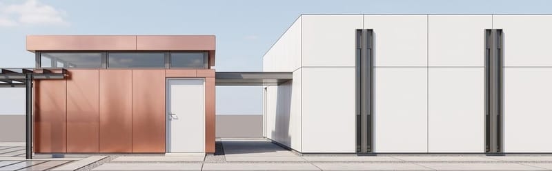 Façade en cuivre et stratifié laqué blanc