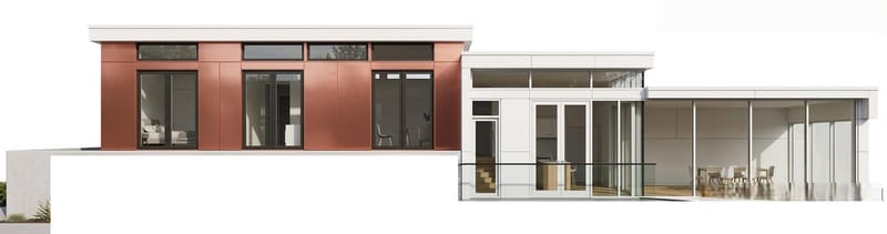 Façade en cuivre et stratifié laqué blanc