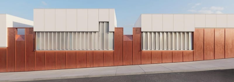 Façade en cuivre et stratifié laqué blanc