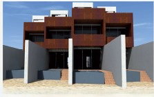 Façades en acier corten posés sur des murs de refend en béton blanc, surmonté d'un attique en bardage bois blanc