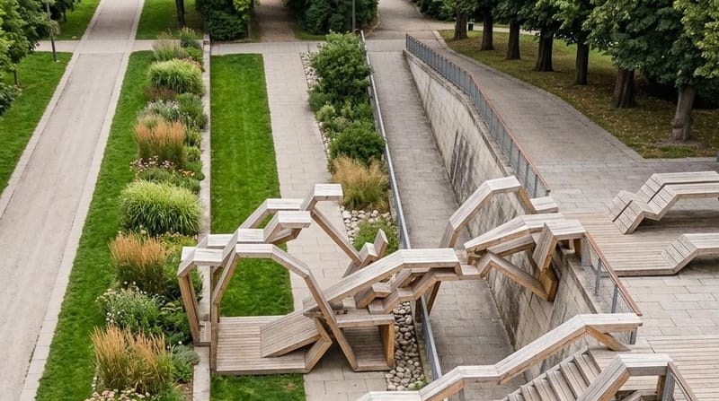 Une structure anguleuse en tubes carrés métalliques assemblés avec jonctions amovibles couverts de panneaux de bois stratifiés