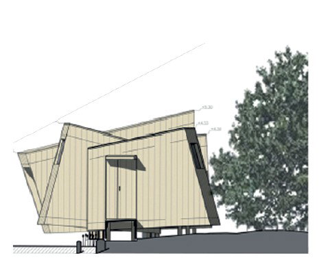 Une exposition à l'intérieur de prismes en bois déconstructivistes.