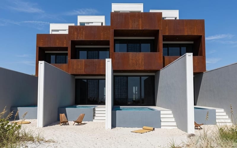 Façades en acier corten posés sur des murs de refend en béton blanc, surmonté d'un attique en bardage bois blanc