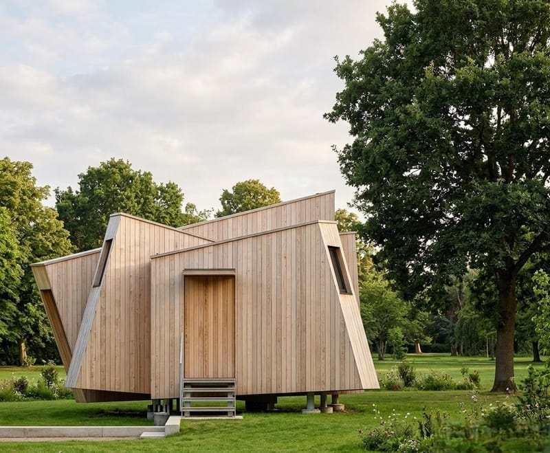 Une exposition à l'intérieur de prismes en bois déconstructivistes.