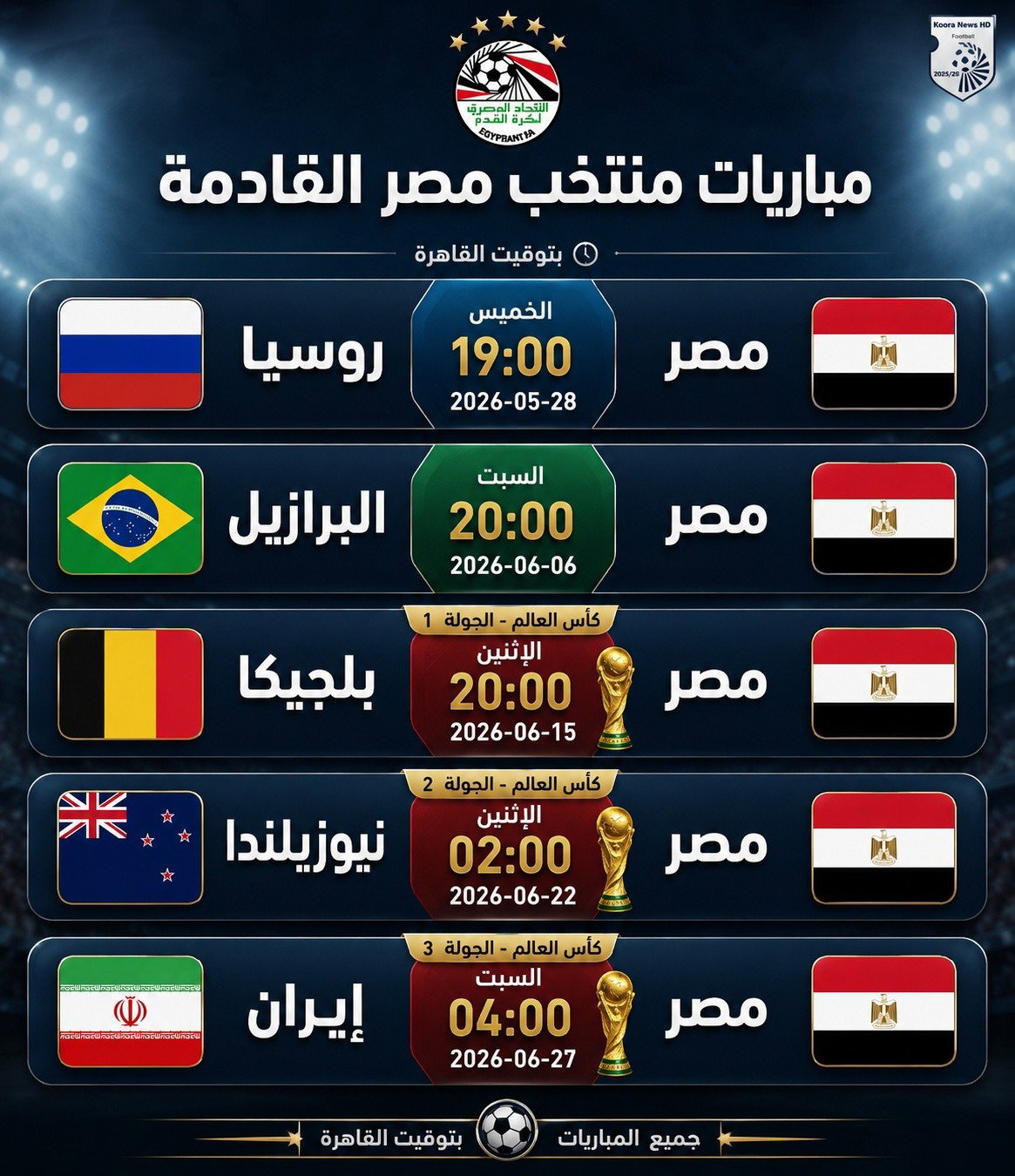 مواعيد المباريات الأولى لمصر فى كأس الغالم