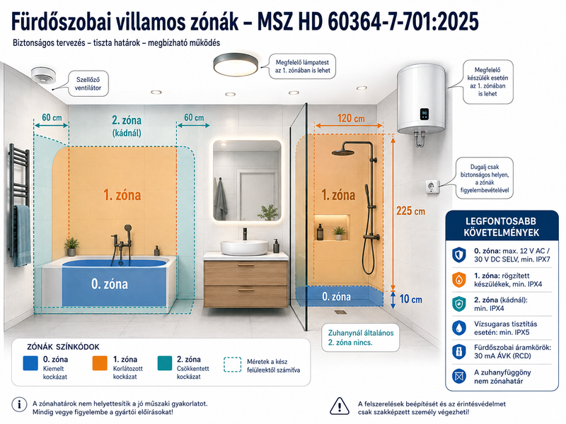 Fürdőszoba villanyszerelése 2026-ban – hová kerülhet lámpa, konnektor és villanybojler?