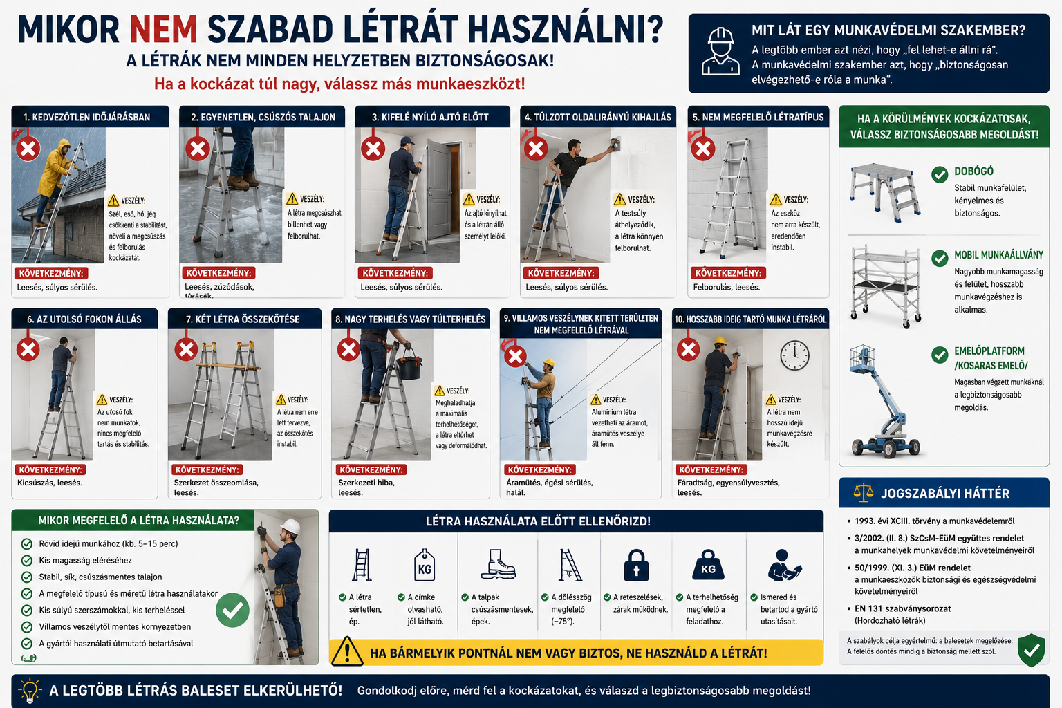 Infografika a létra használatát kizáró veszélyes helyzetekről és biztonságos alternatívákról.