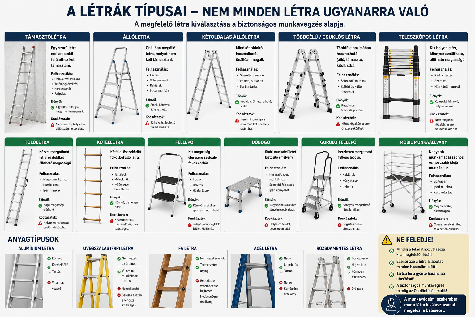 Különböző típusú létrák egymás mellett, felhasználási terület szerint.