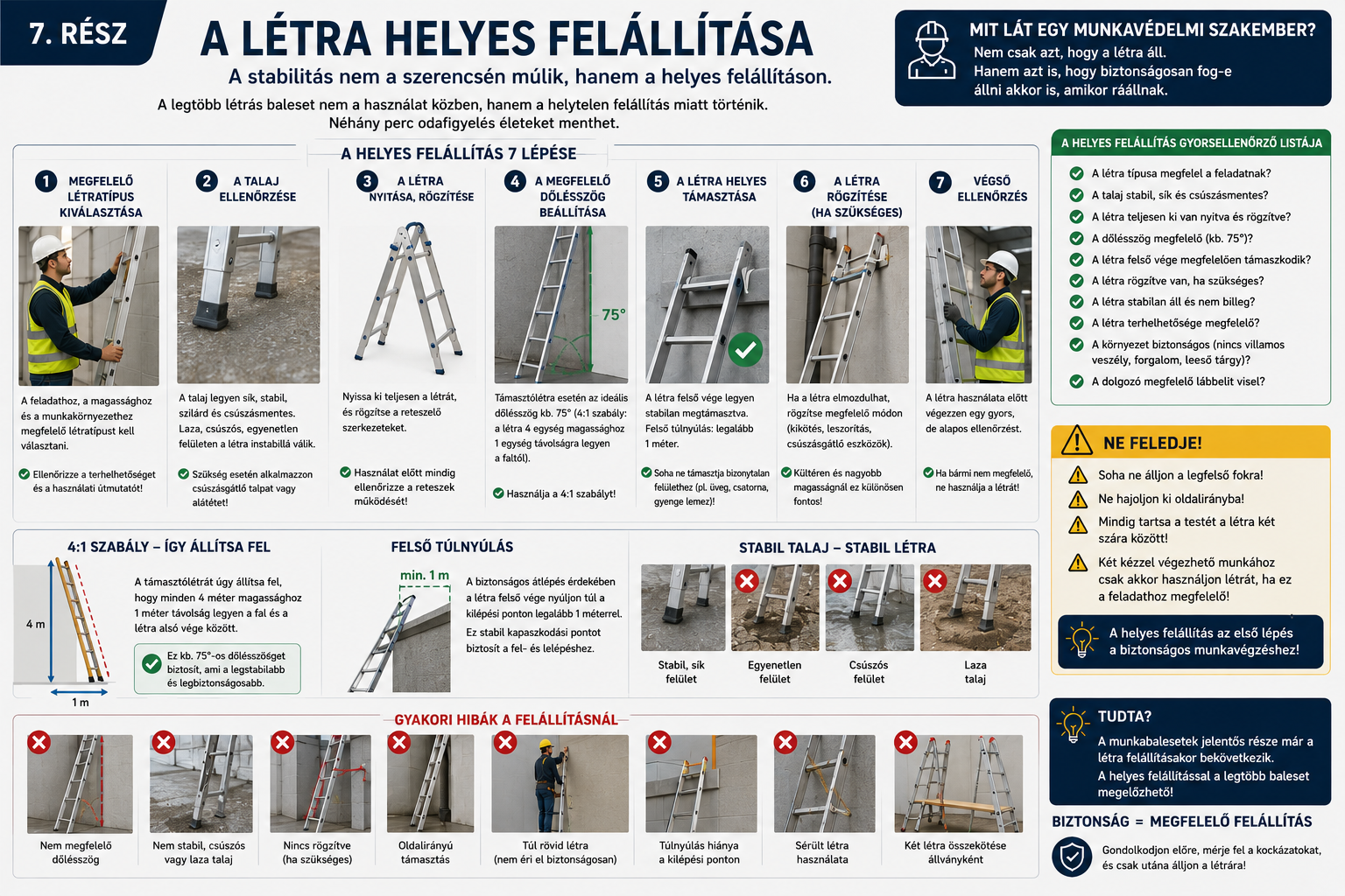 A megfelelő dőlésszög, a stabil talaj és a biztonságos megtámasztás együtt biztosítják, hogy a létra rendeltetésszerűen és biztonságosan használható legyen.