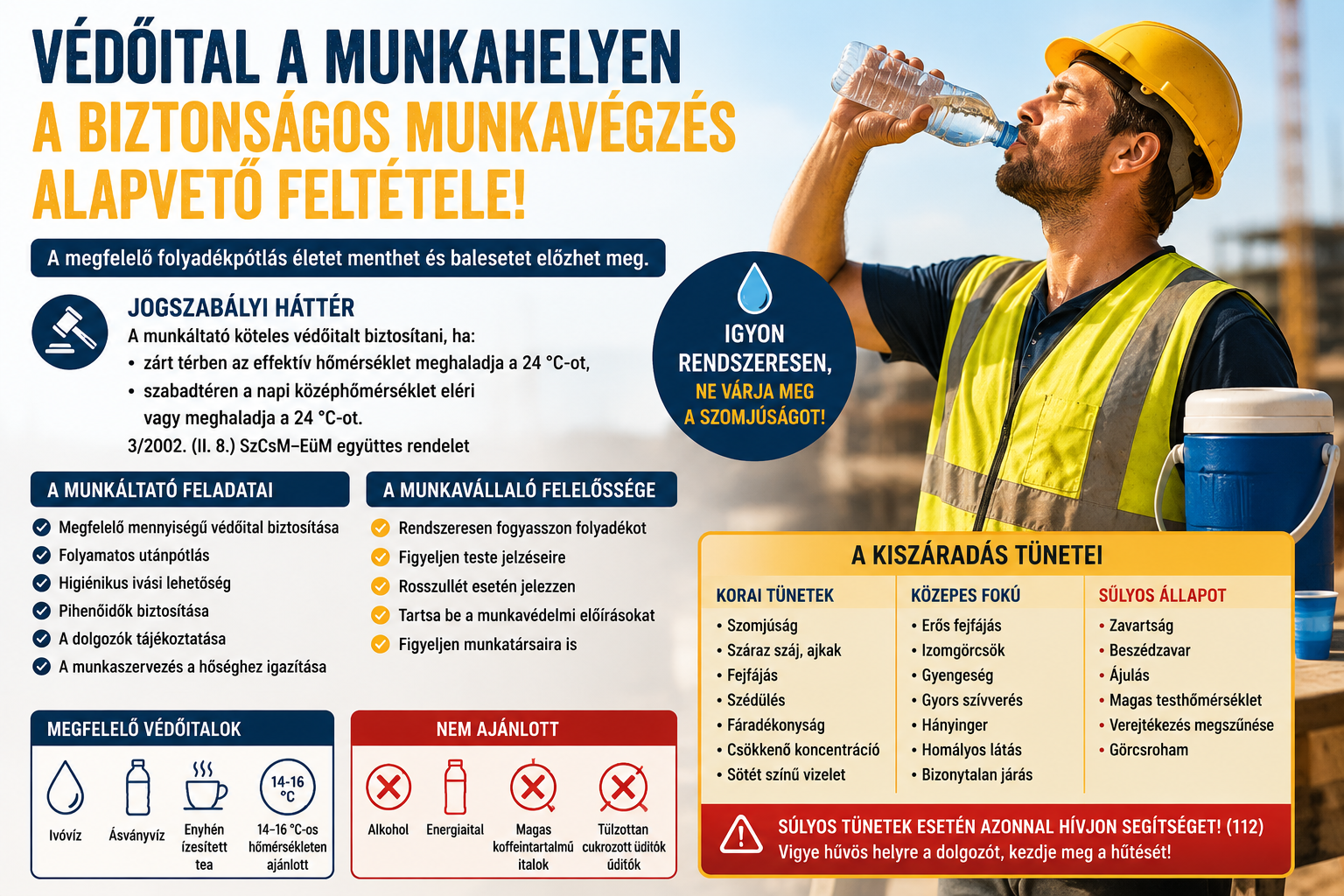 Munkavállaló folyadékot fogyaszt a nyári hőségben – védőital biztosítása a munkahelyen.