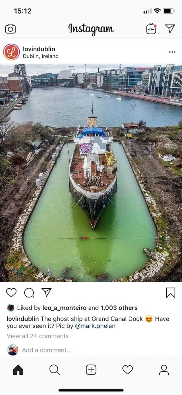 2019 04 Grand Canal Basin Ringsend Naomh Eanna in dry dock, photo from Instagram