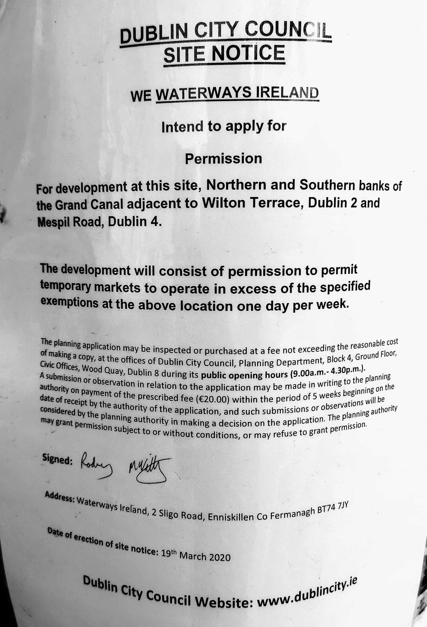 2020 05 01st Grand Canal Dublin Mespil Road canalside markets planning application