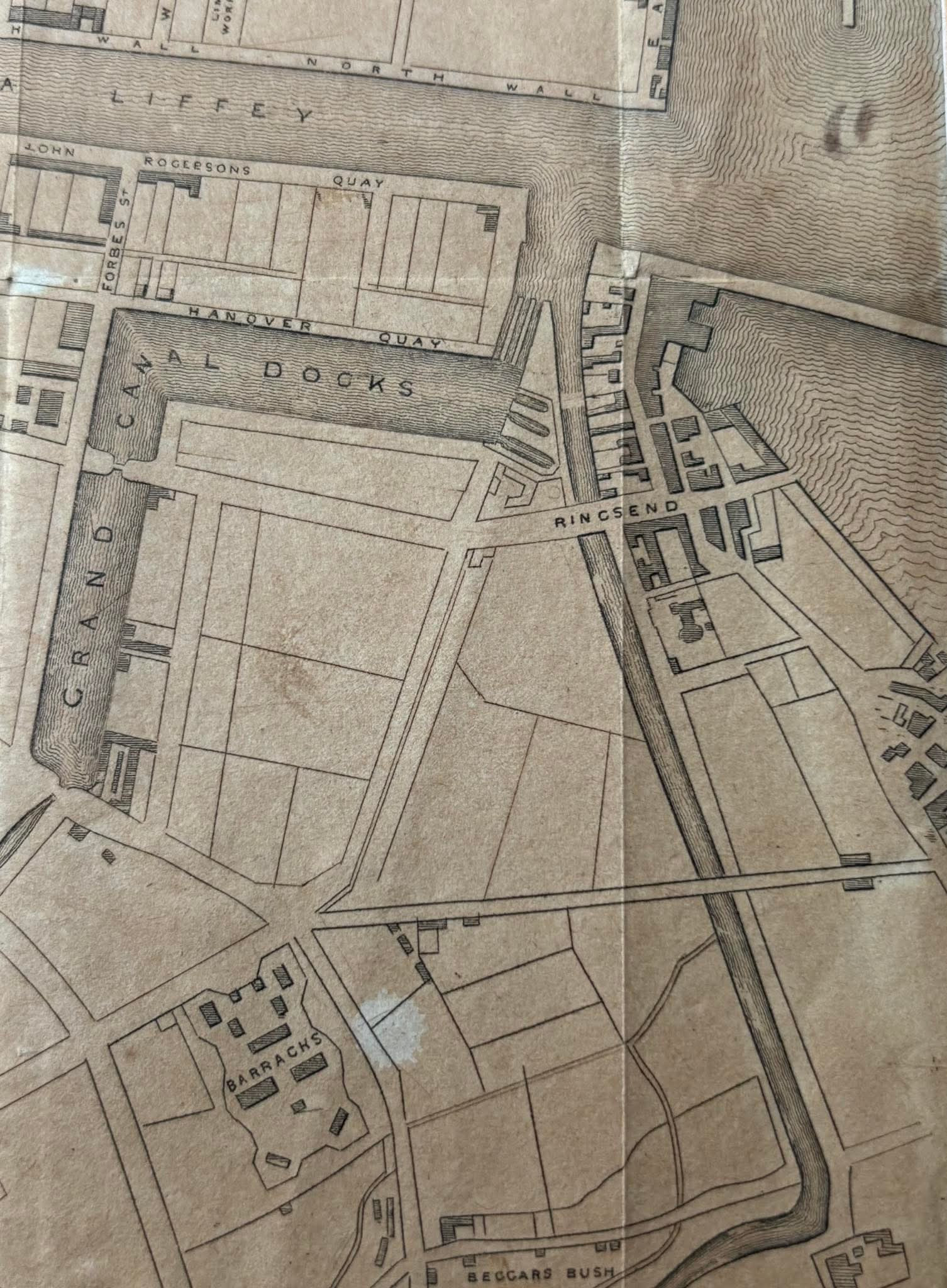 1833 Grand Canal Dublin Kirkwood Map of  Ringsend with 3 dry docks