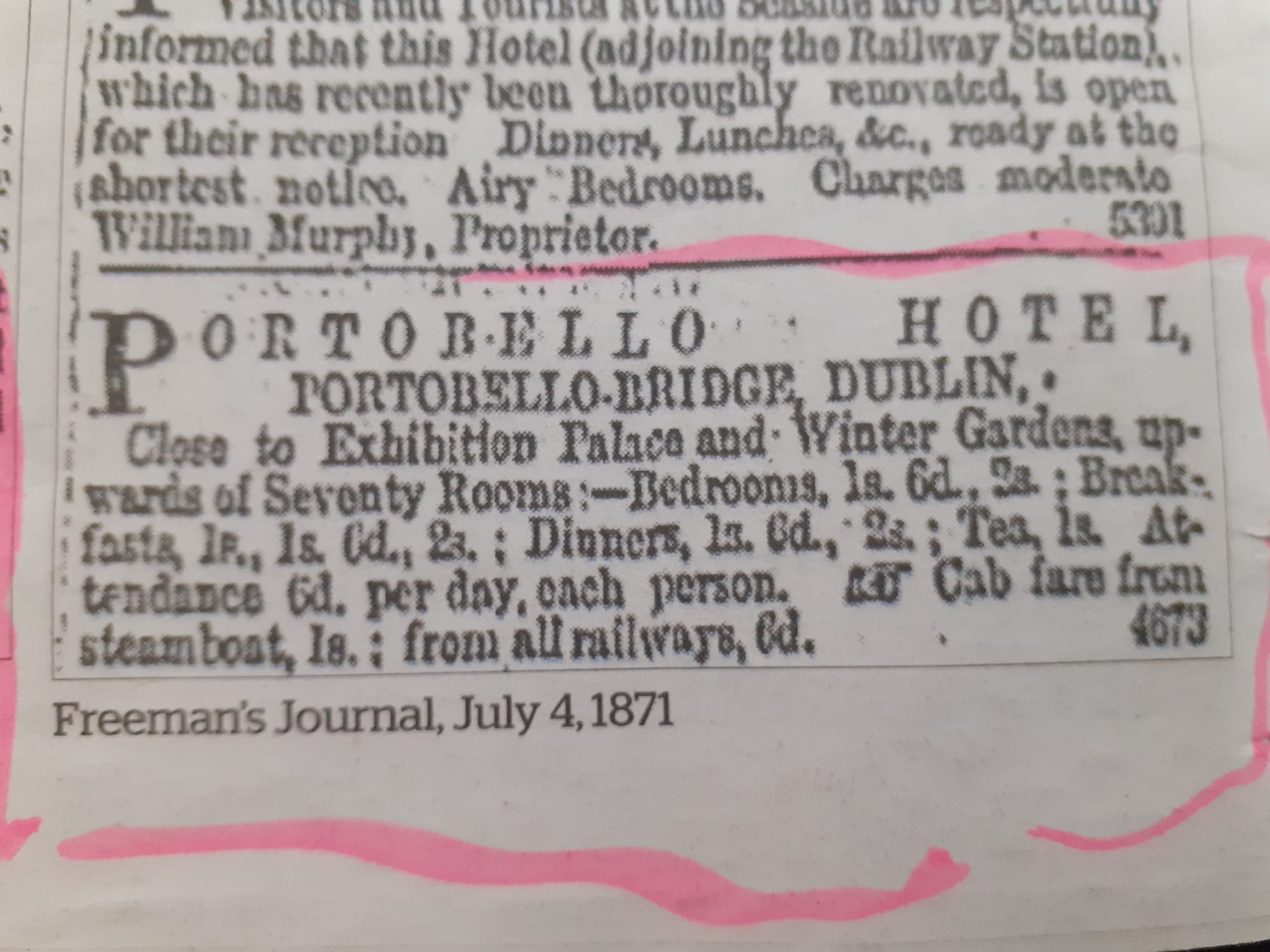 Grand Canal Company hotel Portobello  Freemans Journal advert 1871 07 04th