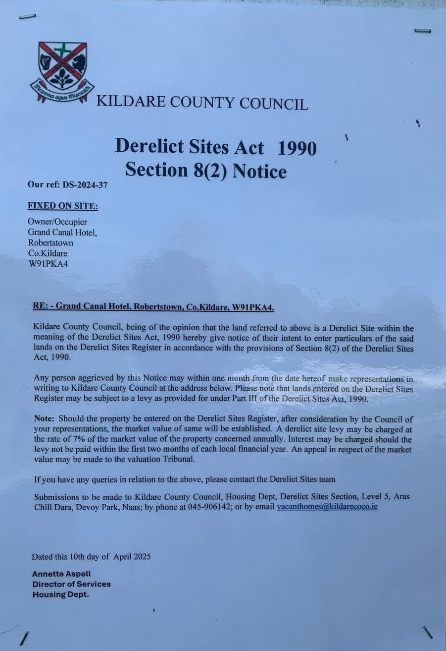 Grand Canal Company hotel Robertstown derelict sites act notice 2025 04