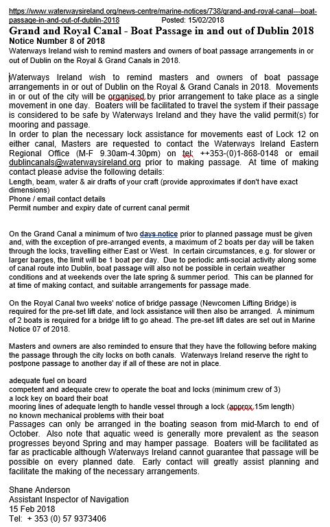 2018 02 15th Notice to Mariners passage into Dublin restricted