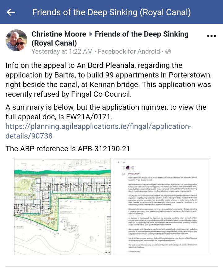 2021 12 22nd Royal Canal Dublin deep sinking planning application
