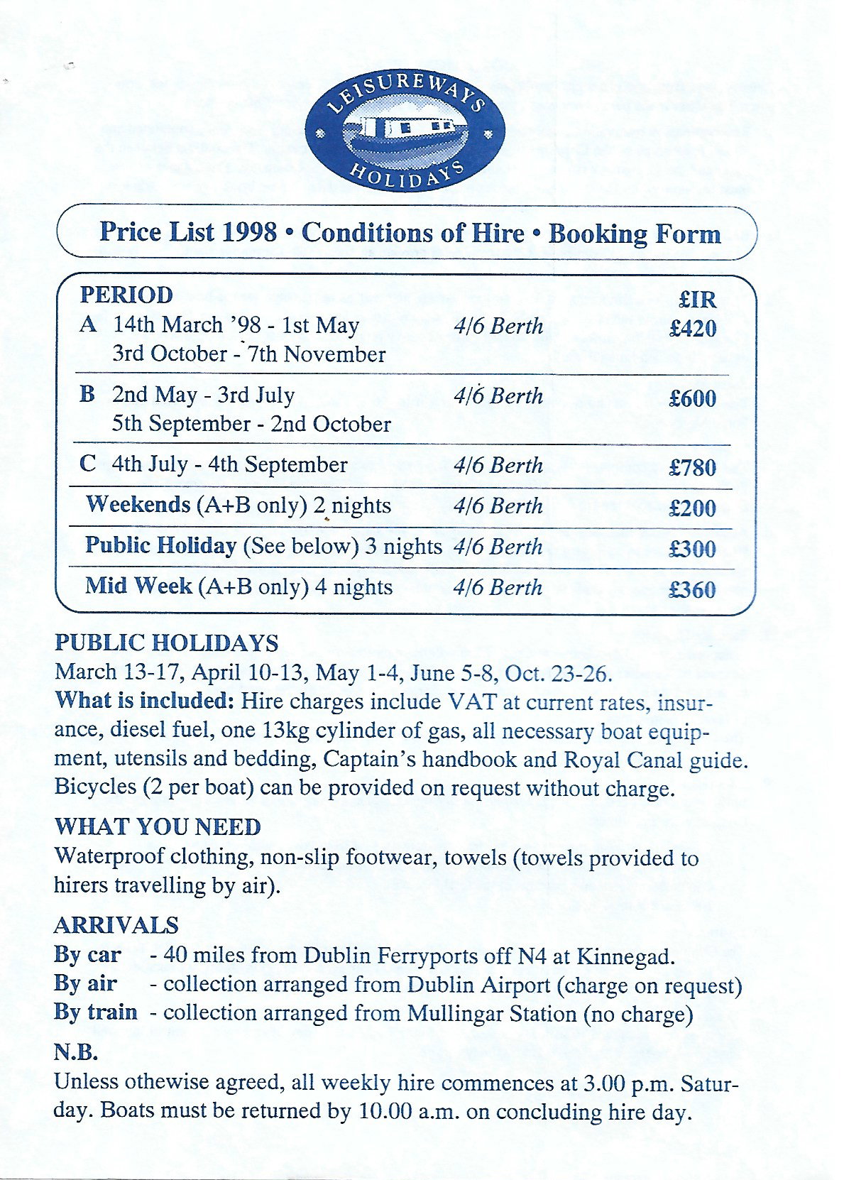 1998 06 Royal Canal Leisureways prices