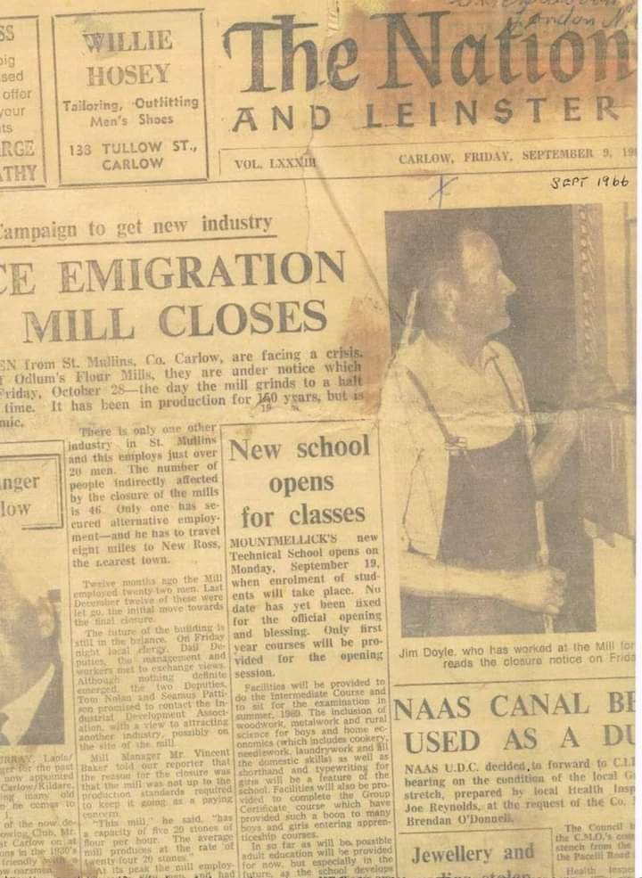 1966 River Barrow, Saint Mullins, Odlums riverside mill closes, image from Facebook post