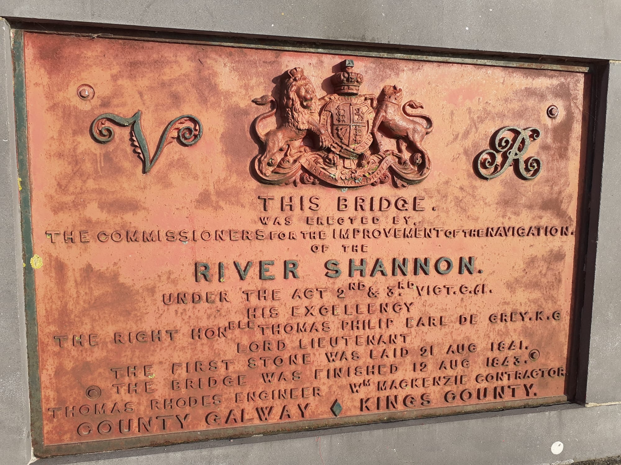 2020 01 18th River Shannon, Banagher, original bridge plaque dated 1841