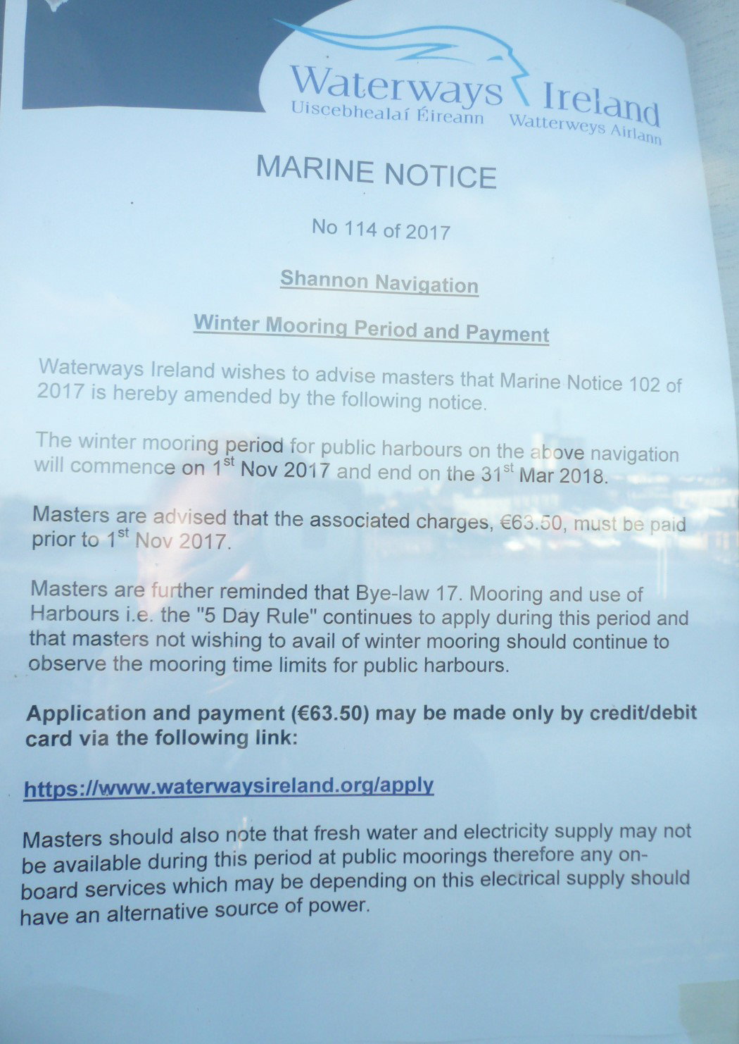 2017 12 River Shannon Athlone winter moorings notice