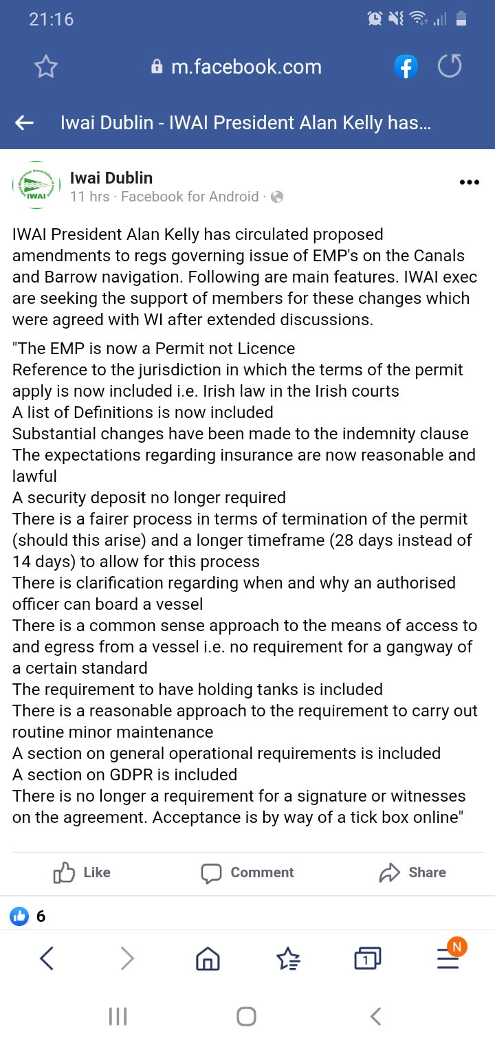 2020 Canals Extended Mooring Permits, Facebook post by Alan Kelly of IWAI